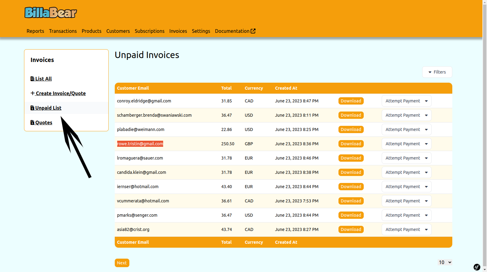 Navigate to unpaid invoices